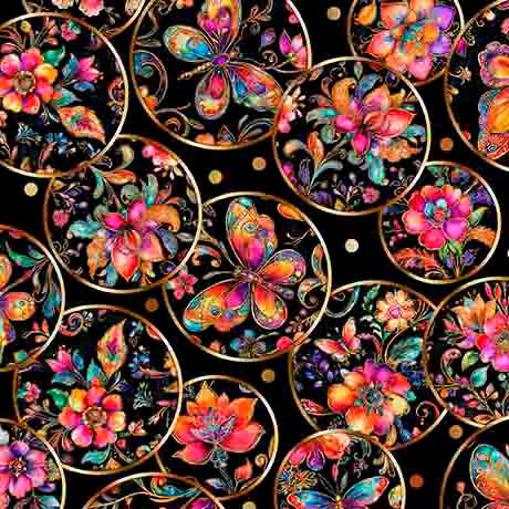 Fluttering Gardens Butterfly Medallion Black Cotton 44"/45" Fabric Per Yard