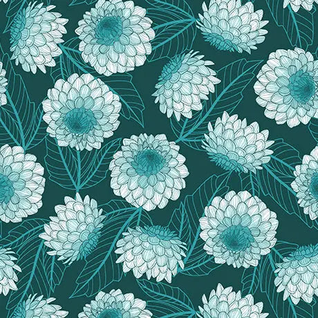 Dark Teal Dahlias at Dusk Dahlias Cotton 44"/45" Fabric Per Yard