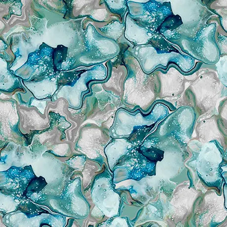 Blue Green Turquoise Fluid Floral Virtuoso Cotton 44"/45" Fabric Per Yard