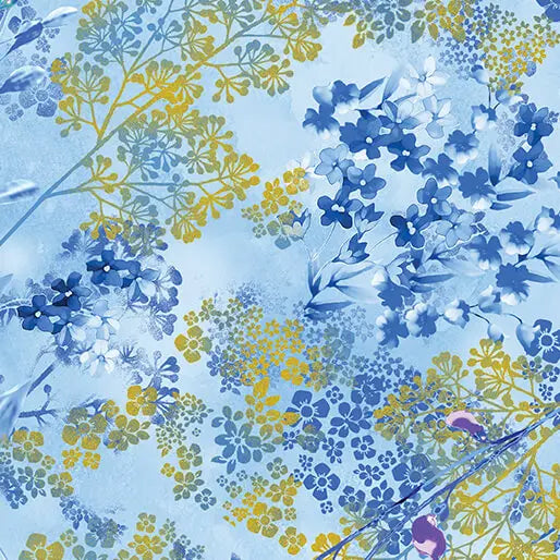 Blue Metallic Sprigs Cotton 44"/45" Fabric Per Yard