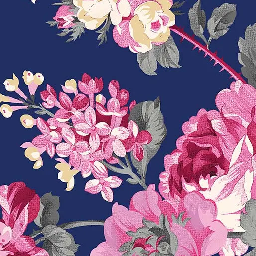 Blue Navy Sapphire Rose Garden Cotton Wideback Fabric per yard