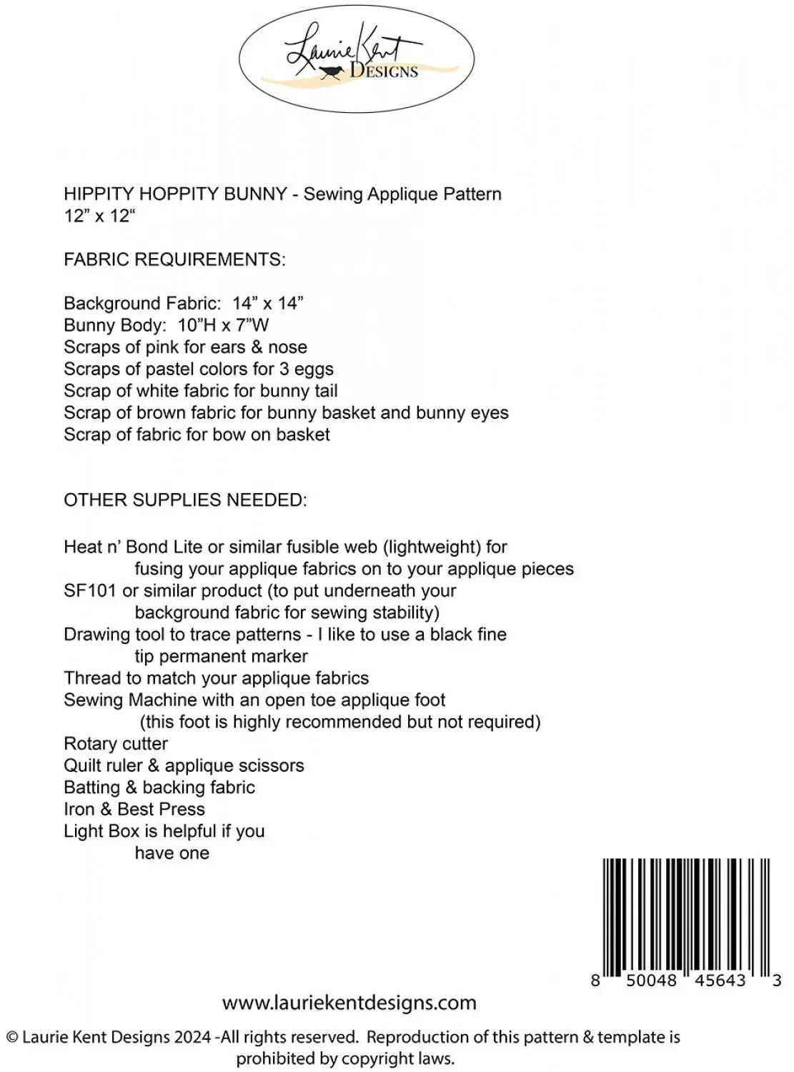 Hippity Hoppity Bunny Sewing Applique Embroidery Pattern