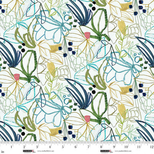 Matcha Abstract Outline Flowers Cotton 44"/45" Fabric Per Yard