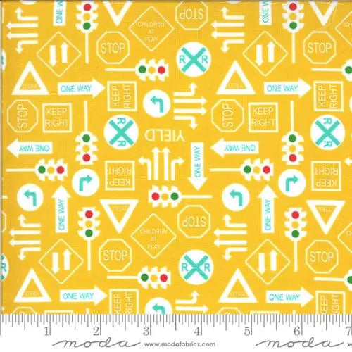 On The Go Yellow Traffic Signs Backhoe 44"/45" Fabric Per Yard