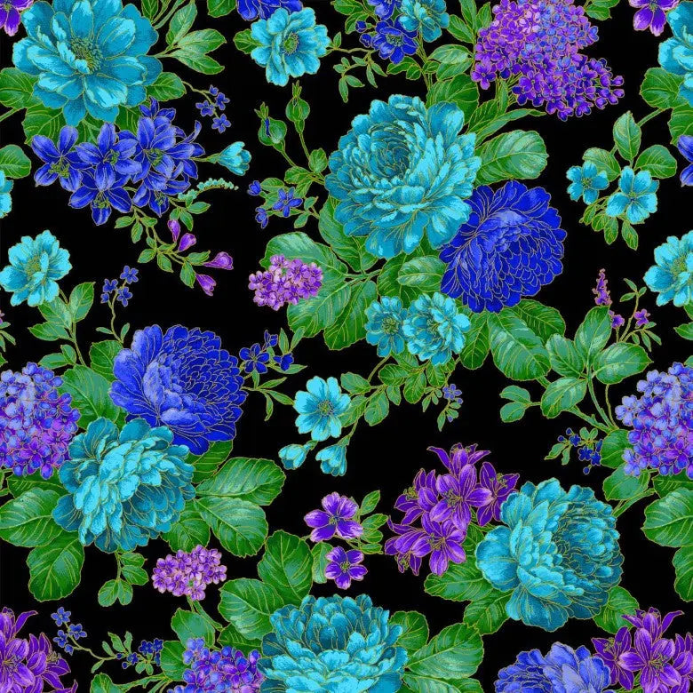 Black Opulent Bouquet Cotton Wideback Fabric Per Yard