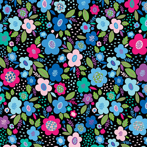 Posies Blue Cheeto's World Cotton 44"/45" Fabric Per Yard
