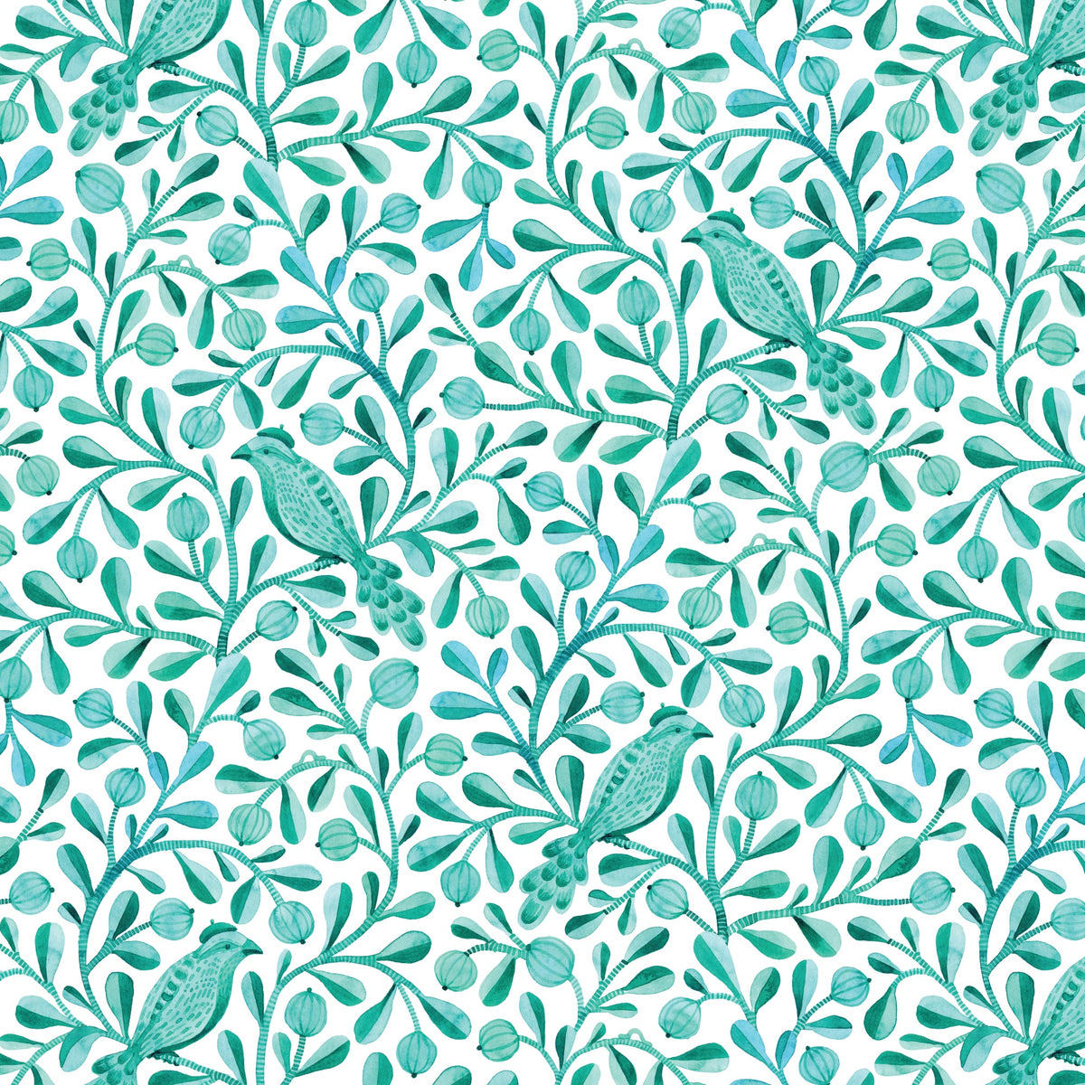 Turquoise Felipe Birds and Branches Cotton 44/45 Fabric Per Yard
