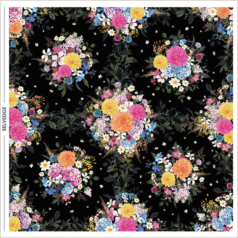 Black Whimsical Garden Midnight Blooms Cotton 36’ Panel