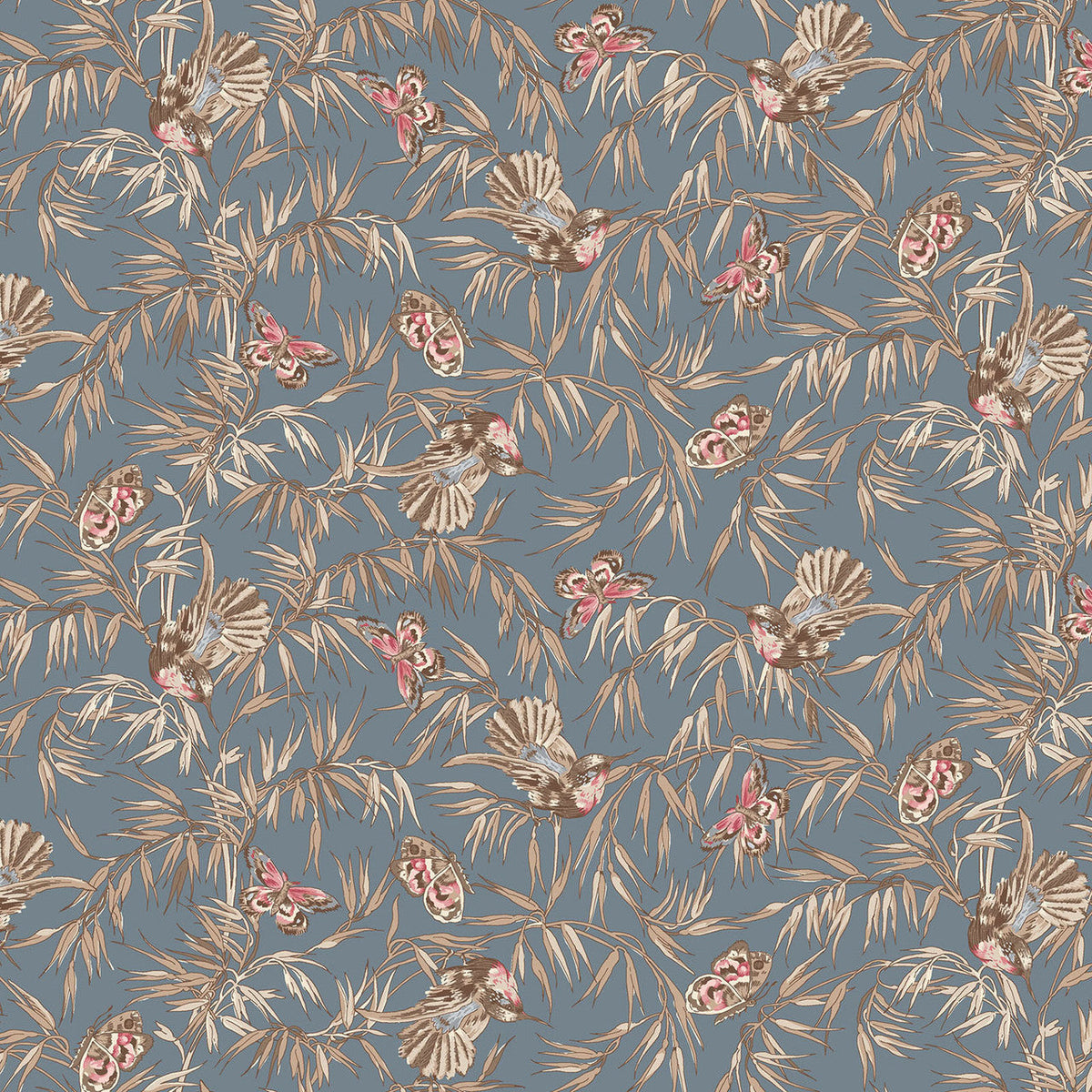 Birds and Butterflies Blue Meadow Blush 43"/44" Cotton Fabric Per Yard
