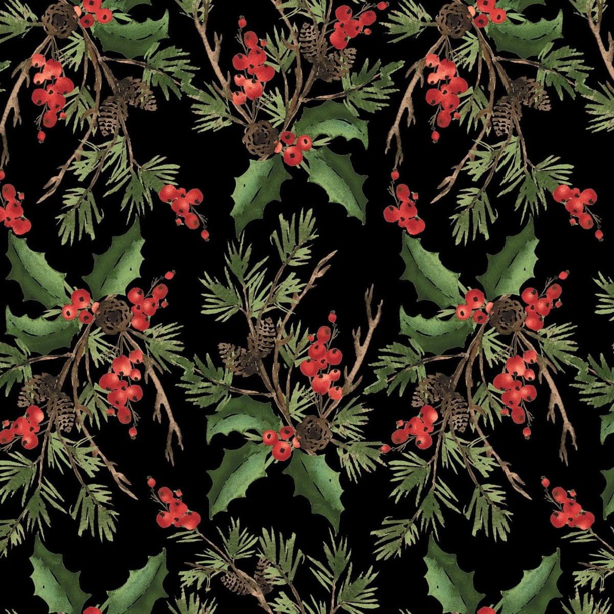 Black Holly Bouquet Cotton Wideback Fabric per yard