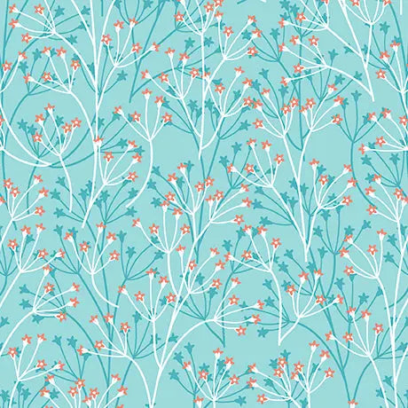 Aqua Dahlias at Dusk Floral Sprigs Cotton 44"/45" Fabric Per Yard