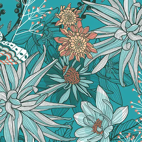 Teal Dahlias at Dusk Dahlias & Butterflies Cotton 44"/45" Fabric Per Yard