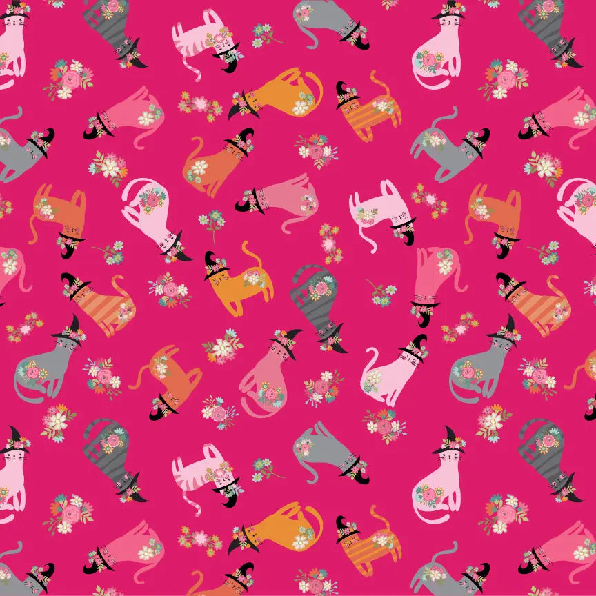 Cats In Hats Poppie Cotton Pink 44"/45" Fabric Per Yard