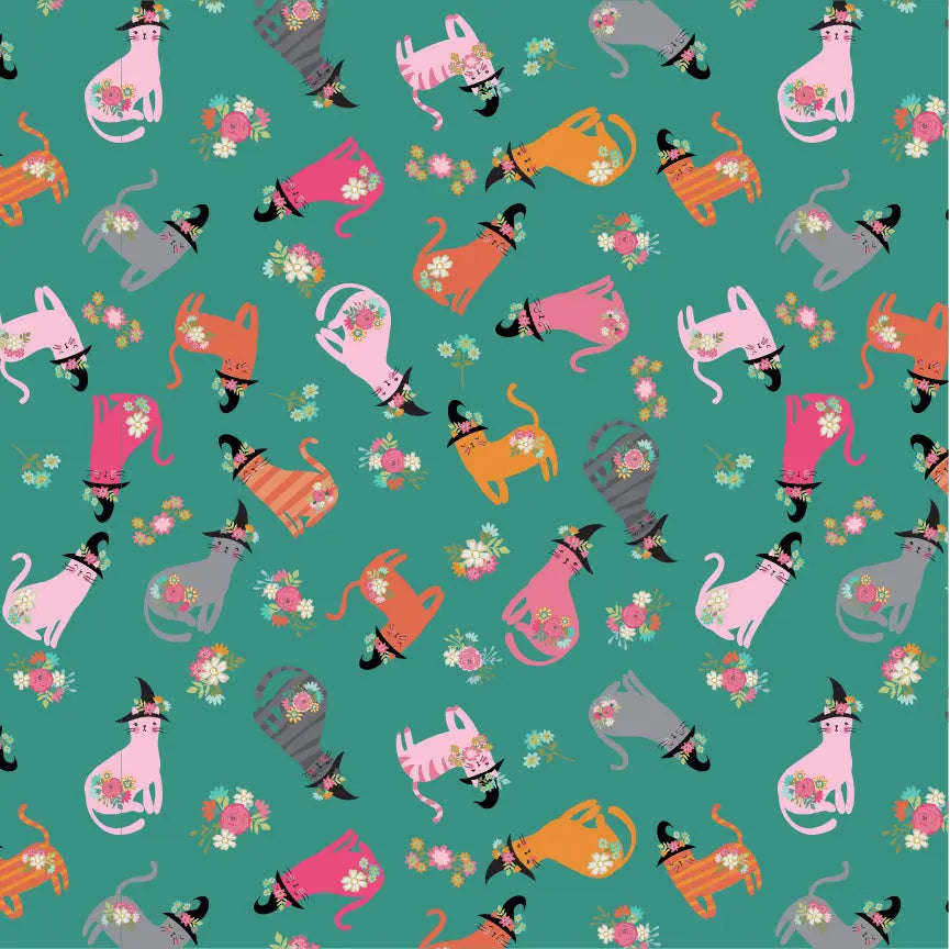 Cats In Hats Poppie Cotton Teal 44"/45" Fabric Per Yard