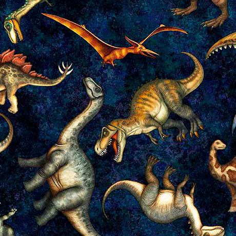 Dark Navy Savage Kingdom Tossed Dinosaurs Cotton 44"/45" Fabric Per Yard