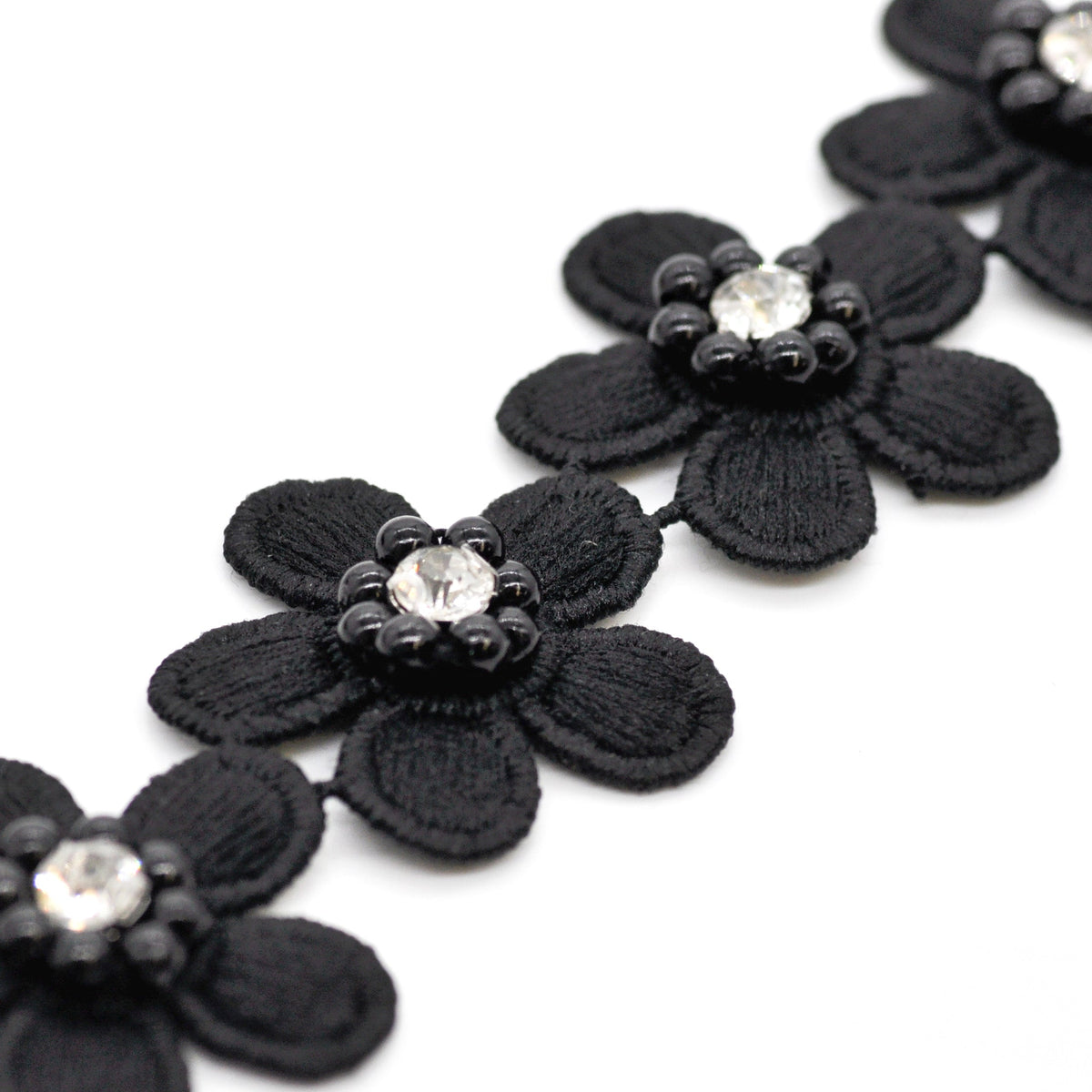 Flower Trim with Pearl Rhinestone - 1 1/2" Width (15 Yard Roll) - BFT-1200-02 Black