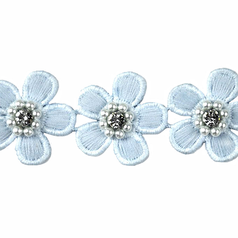 Flower Trim with Pearl Rhinestone - 1 1/2" Width (15 Yard Roll) - BFT-1200-03 Light Blue