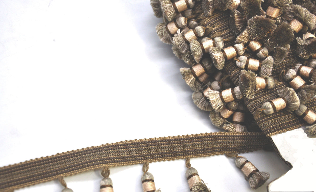 Godiva Collection - 2 1/2" length SMALL TASSEL FRINGE (25 Yard Roll) - BF-4099-82/28 Taupe and Beige