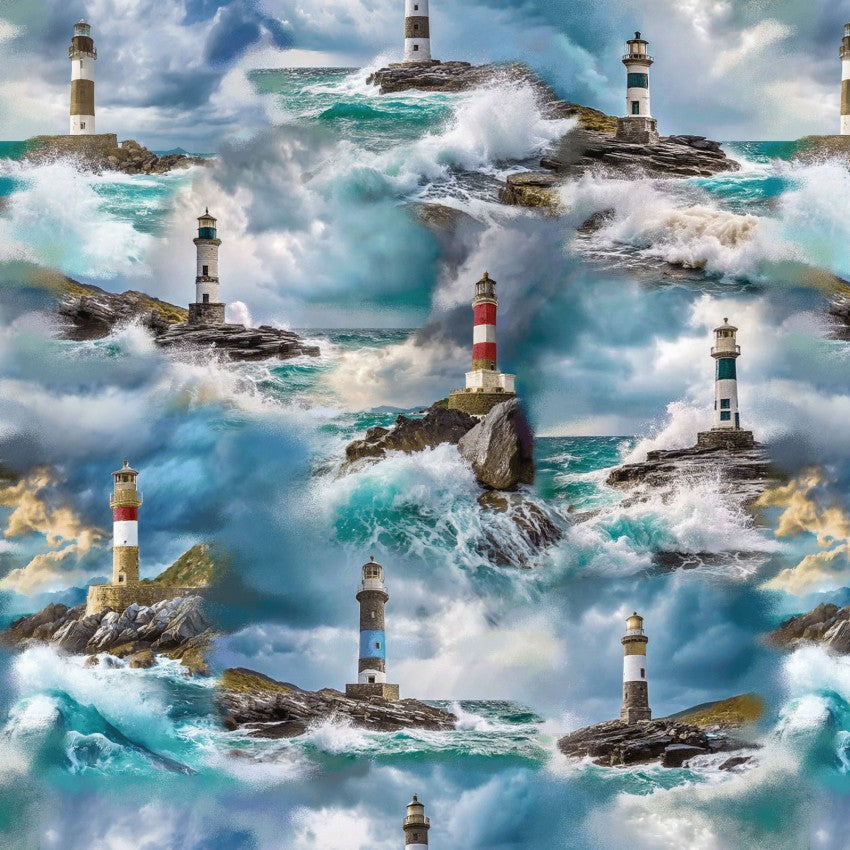 Blue Coastal Guardians Allover Lighthouses 43"/44" Fabric Per Yard