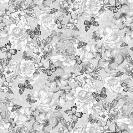 Grey Monotone Butterfly and Floral Cotton Wideback Fabric per yard