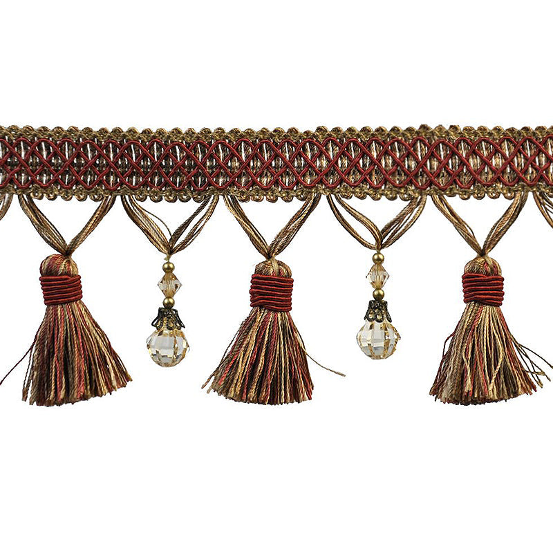 Paulette Collection - 4" width BEADED TASSEL FRINGE (25 Yard Roll) - BF-4027-81/17 Copper and Wine Red