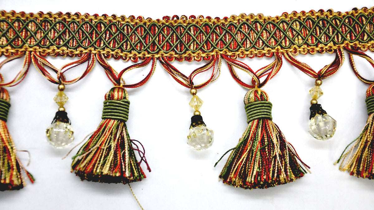 Paulette Collection - 4" width BEADED TASSEL FRINGE (25 Yard Roll) - BF-4027-82/17 Wine Red and Gold