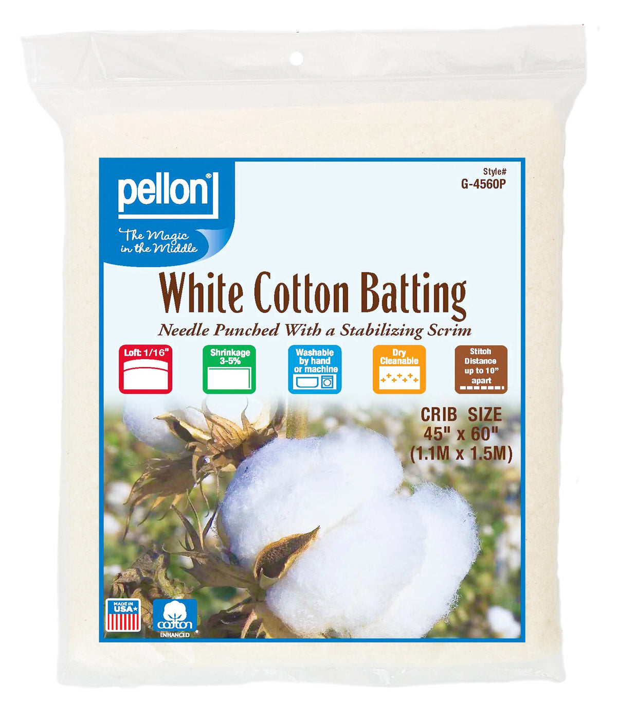 Pellon® White Cotton Batting With Scrim 45" x 60" Crib Size Package.