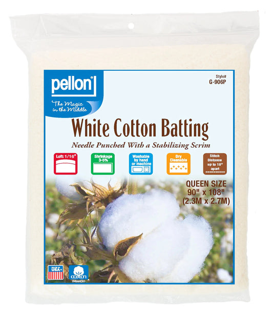Pellon® White Cotton Batting With Scrim 90" x 108" Queen Size Package.