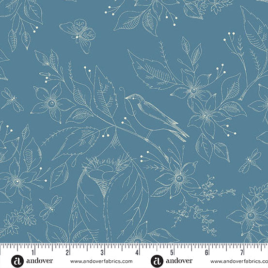 Sewing Bird Indigo Cotton Wideback Fabric per yard