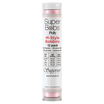 Super Bobs Poly #628 Baby Pink (M-Style) 12 pack pre-wound bobbins